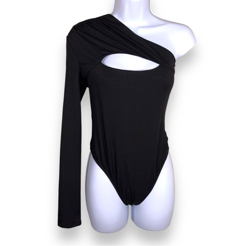 Medium Vestique Black Asymmetrical Bodysuit Top Womens Cutout Accent One Sleeve